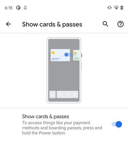 Wallet को क्विक ऐक्सेस करने की सुविधा को चालू या बंद करने के लिए सेटिंग पेज